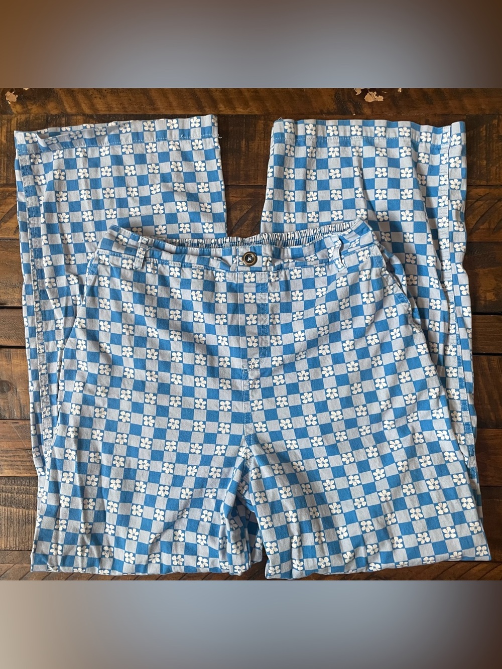 Wild Fable Unisex Wide Leg Blue & White Checker Floral Pants